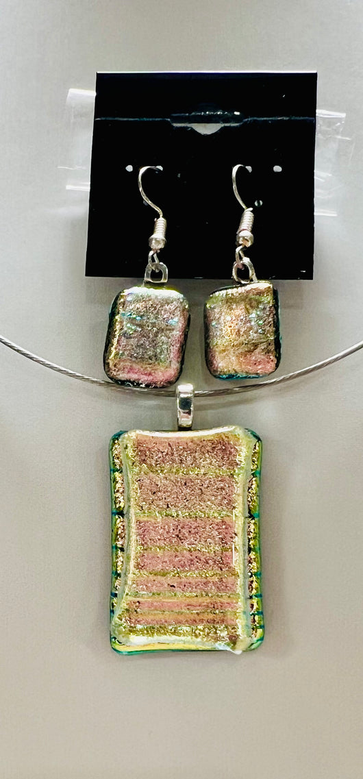 Shimmering Green, Gold and Pink Pendant with Earring Set