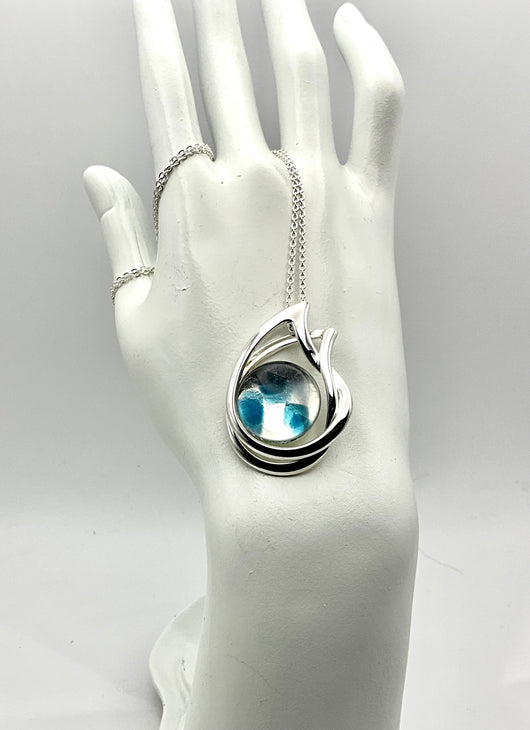 Teal Blue Dots on Clear Glass Pendant