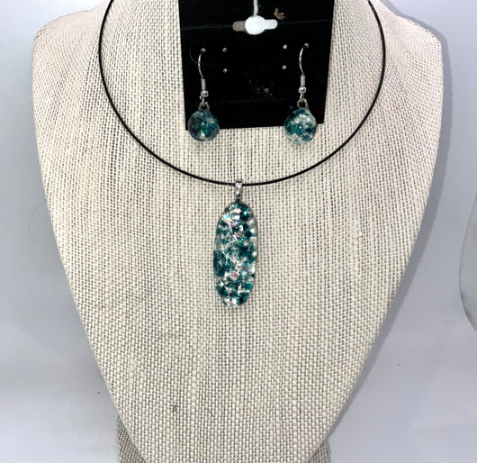 Teal Blue With Dichroic Specks Pendant and Earring Set