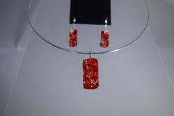 Rectangular Red With Dichroic Specks Pendant and Earrings Set