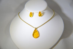 Tear Drop Shaped Citrine Yellow Pendant With Yellow Gold-Plated Chain and Matching Earrings