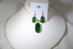 Oblong Kelly Green Pendant With Yellow Gold-Plated Chain and Matching Earrings