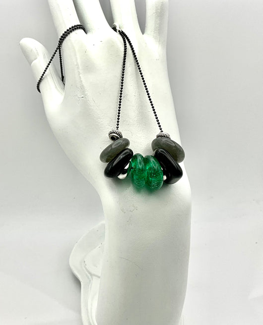 Six Bead Pendant with Black, Kelly Green, and Grey Stones