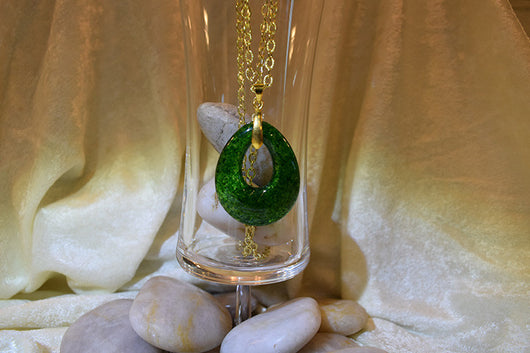 Off-Set Tear Drop Shaped Kelly Green Pendant With Yellow Gold-Plated Chain
