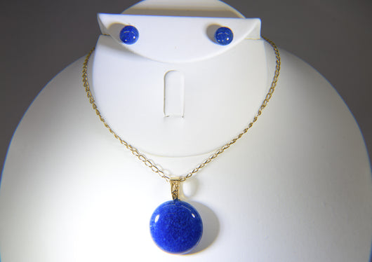 Round Bright Blue Pendant With Yellow Gold-Plated Chain with Matching Earrings