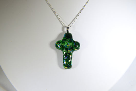 Kelly Green Cross Pendant with Iridescent Speckles