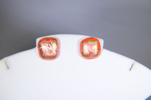 Orange Square Stud Earrings with Dichroic Accents