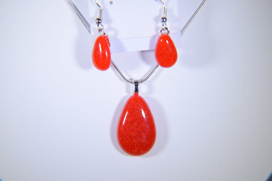 Tear-Drop Shaped Bright Red Pendant with Matching Earrings